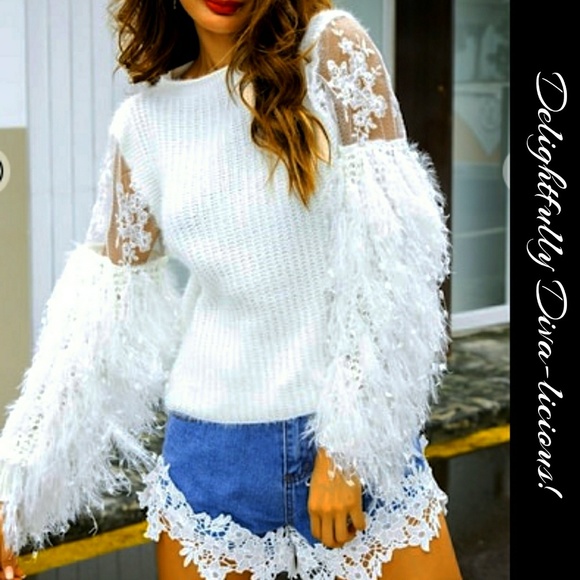 Boutique Sweaters - LAST ONE! Luscious Lace & Shag Sleeve Sweater